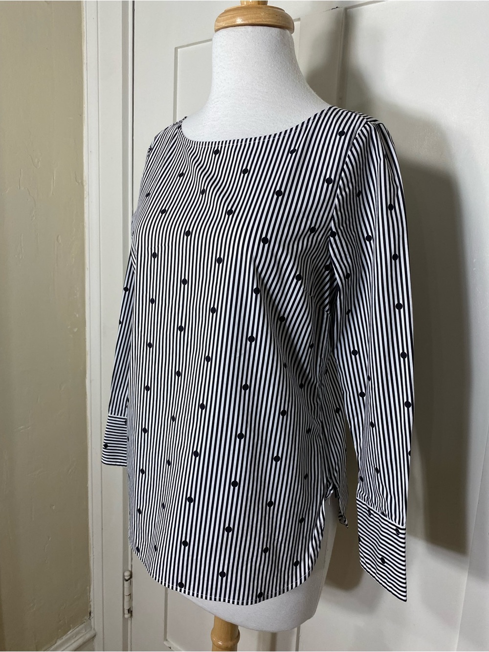 Talbots 100% Cotton Blouse Black and White Striped Polka Dot Pattern Top P